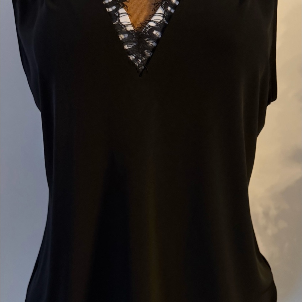 Calvin Klein Sleeveless V Neck Black Shell Top w/ White Lace Trim XL NWT